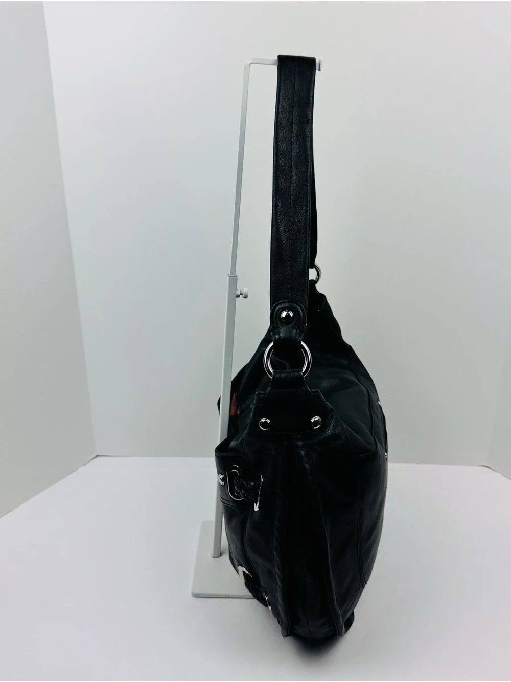 B. Makowsky Black Leather Hobo Bag with silver hardware. Soft, supple leather.